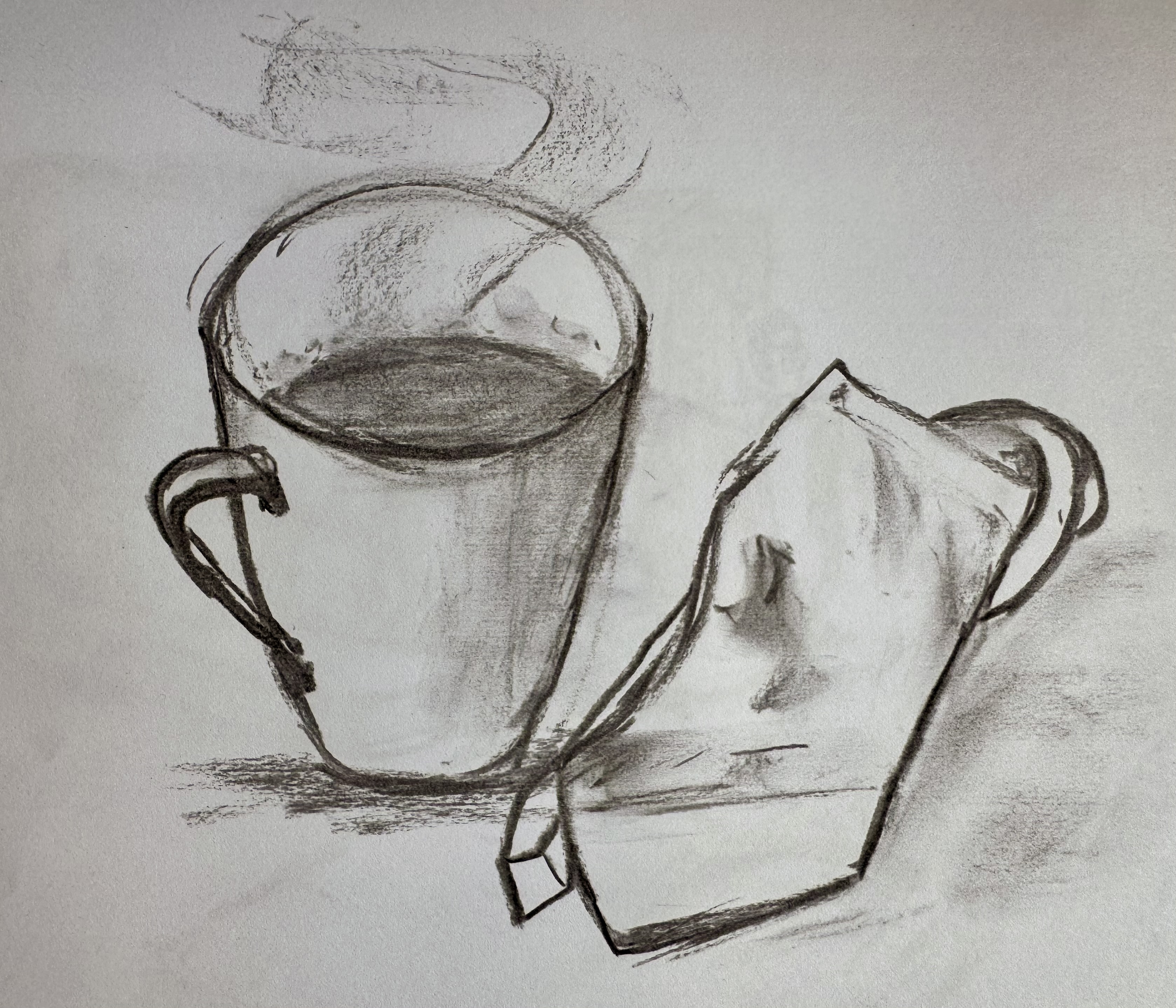 Charcoal sketch of a leather briefcase and city silhouette